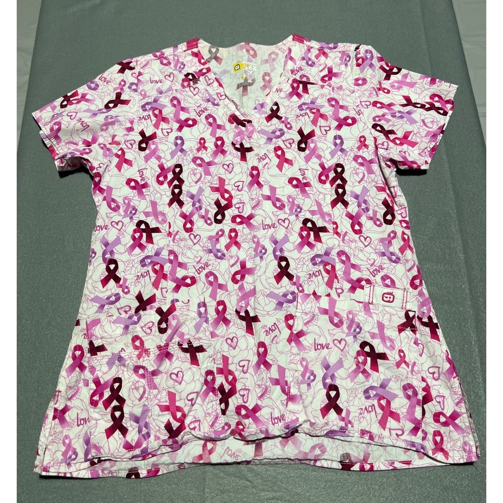 WonderFlex Breast Cancer Awareness Ribbon Scrub Top Pink Purple Medium